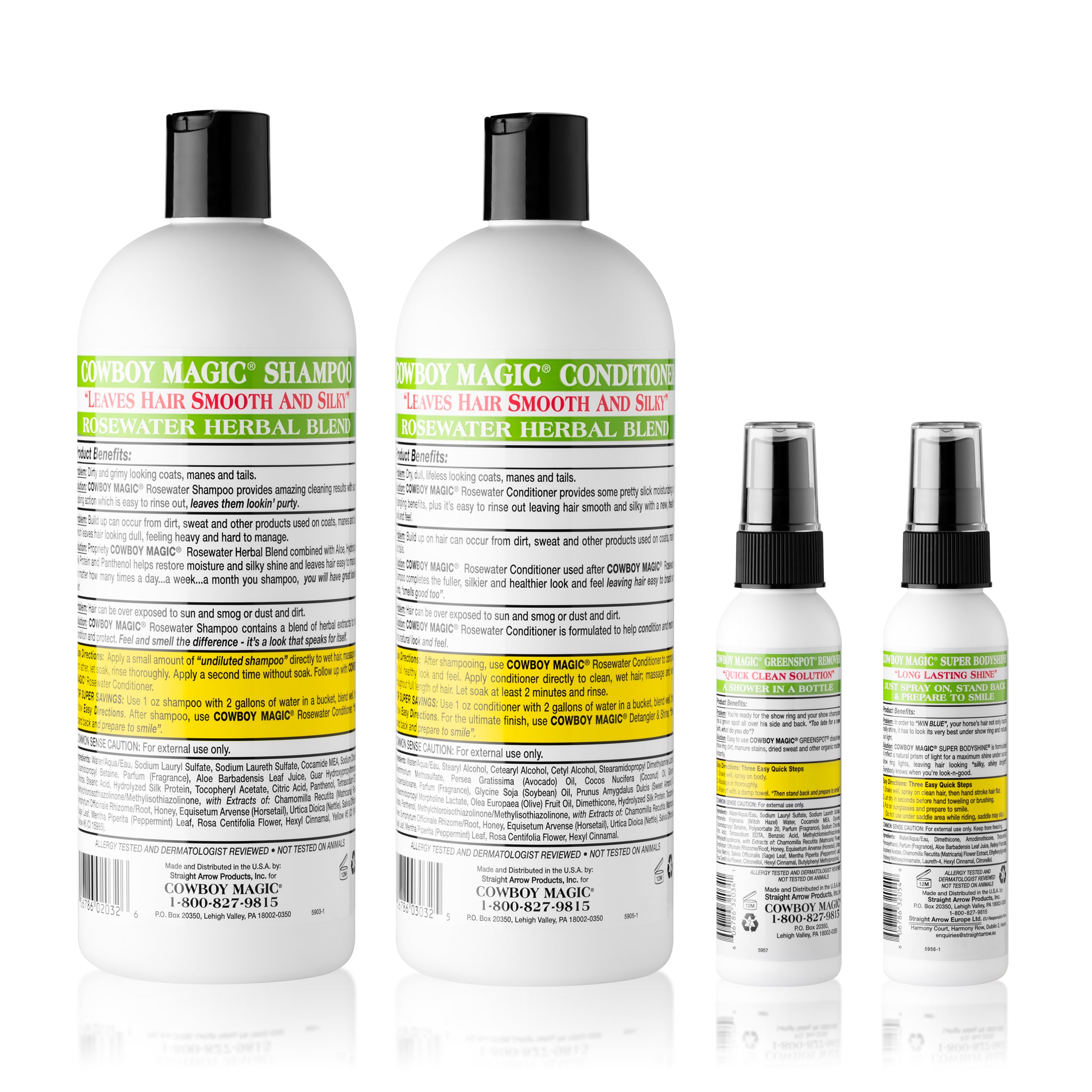 Rosewater Shampoo, Rosewater Conditioner 32 Ounce, Greenspot Remover, and Super Bodyshine 3.4 Ounce 4 Piece Bundle
