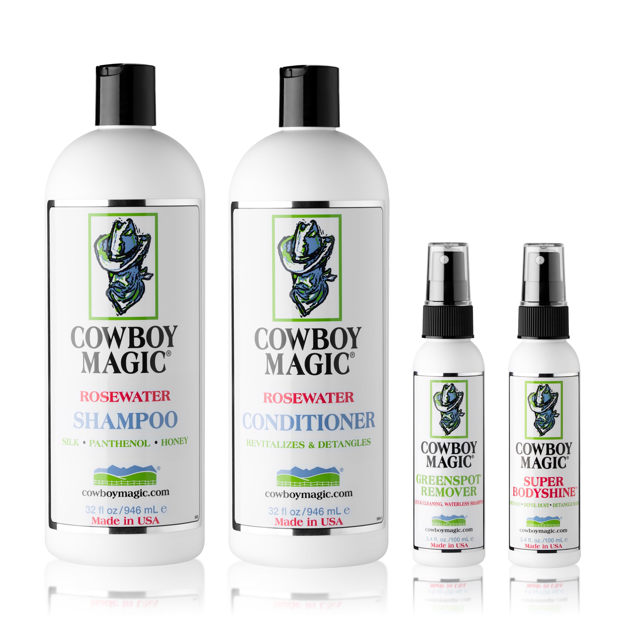 Rosewater Shampoo, Rosewater Conditioner 32 Ounce, Greenspot Remover, and Super Bodyshine 3.4 Ounce 4 Piece Bundle