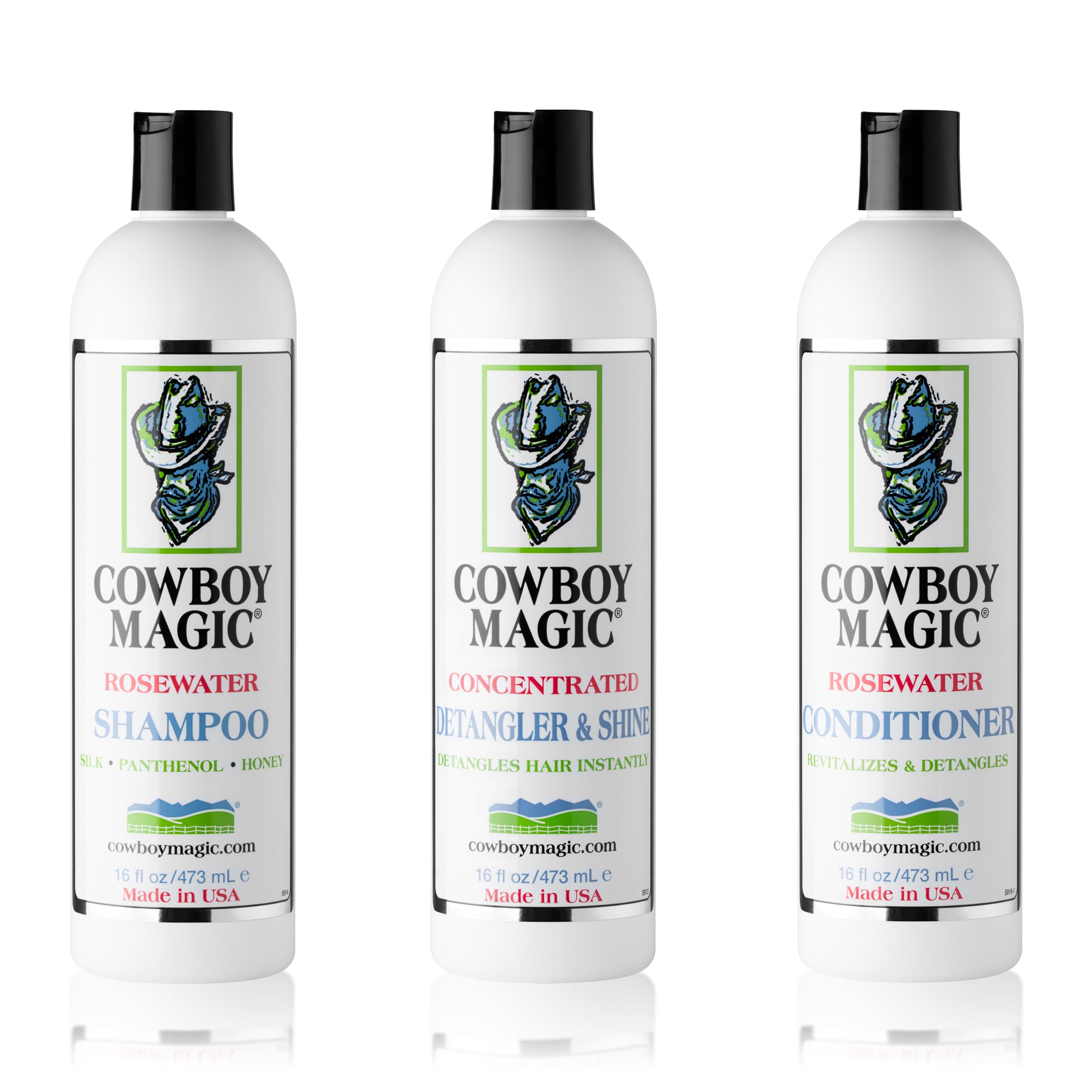 Rosewater Shampoo, Rosewater Conditioner, and Detangler & Shine 16