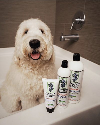 dog in tub with Cowboy Magic products